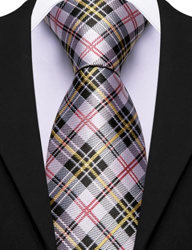 Image of Barry.Wang Plaid Ties Mens Silk Necktie and Tie Clip Checkered Tie for Wedding Party Business Formal