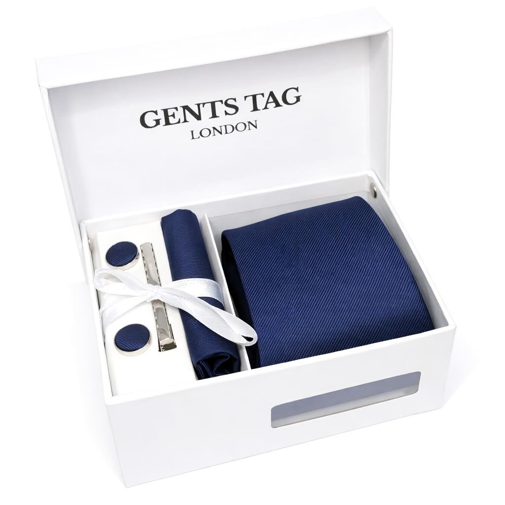 Gents Tag Men's Navy Textured ’S Tie And Pocket Square Set With Cufflinks, Tie Clip & Gift Box – Formal Necktie Set For Weddings, Office Wear & Gifts (Navy Textured)