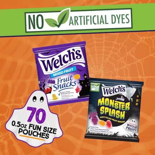Welch's Fruit Snacks Halloween Variety Pack, Gluten Free, 0.5 oz, 70 Ct | Mixed Fruit Halloween & Juicefuls Monster Splash shapes, bats, ghosts & pumpkins, made with whole fruit - image 3