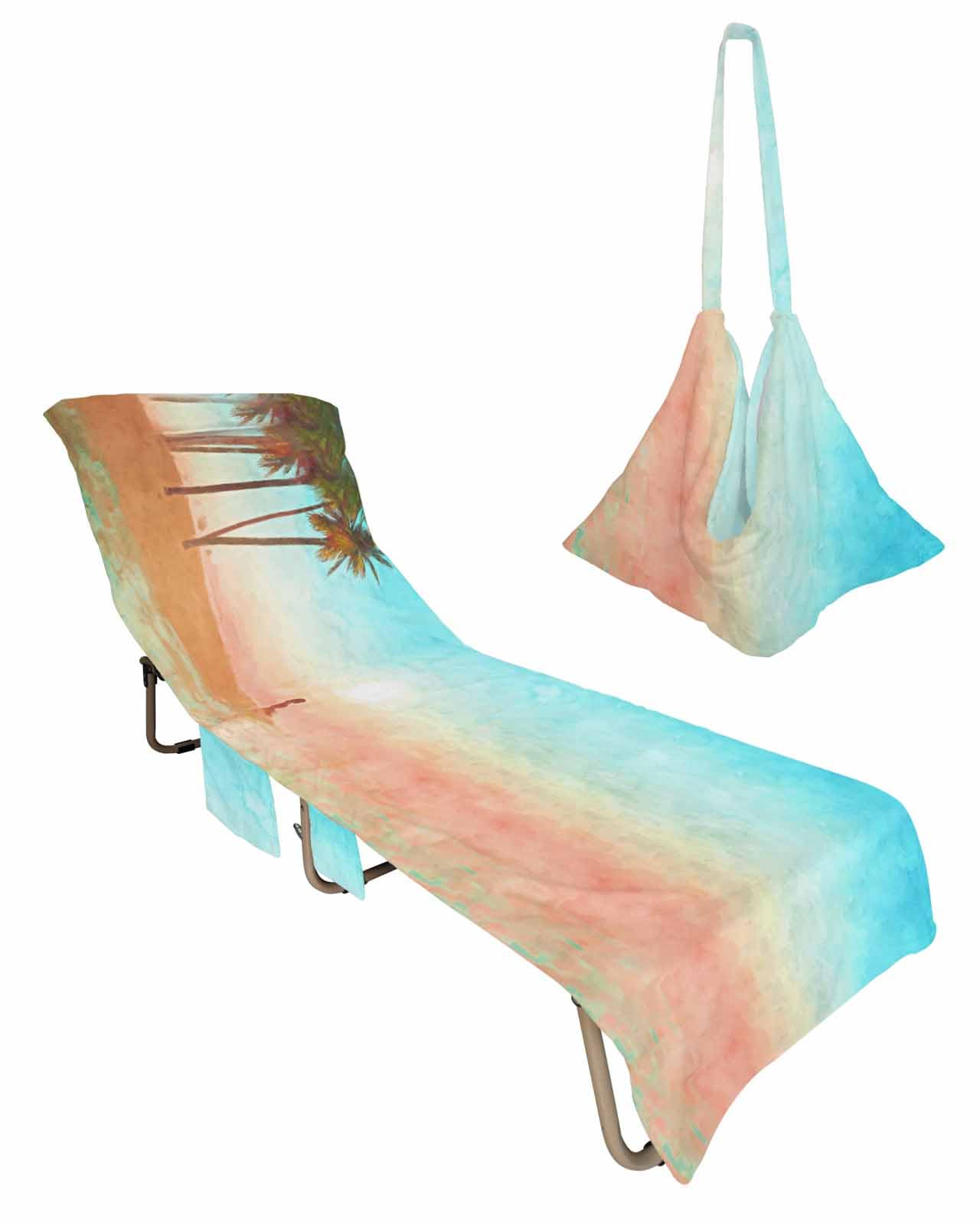 Coconut Tree Beach Chair Towel Covers for Chaise Lounge with Side Pocket, Soft Plush Pool Towels Cover for Patio Sunbathing Outdoor 29''x85'' Beach Summer Island Girl Sun Painted