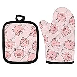 Xhuibop Kitchen Oven Mitts with Pot Holder Heat Resistant Pads for Cooking Set 2 Pcs Cute Pig Oven M