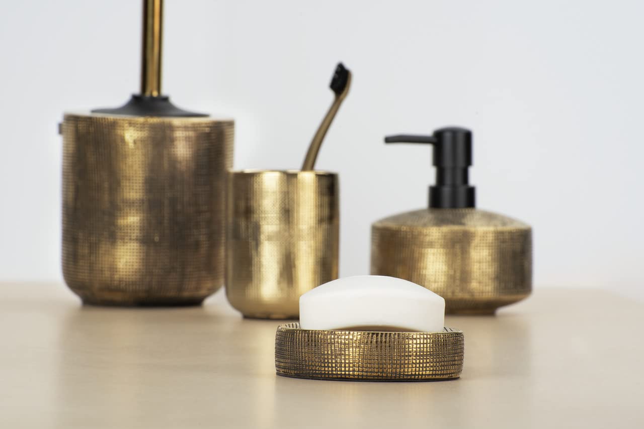 WENKO Bad-Accessoire Set Mod. Rivara, 3-teilig, jedes Element handbemalt, bestehend aus einem Zahnputzbecher, einem Seifenspender & Einer WC-Garnitur, Gold