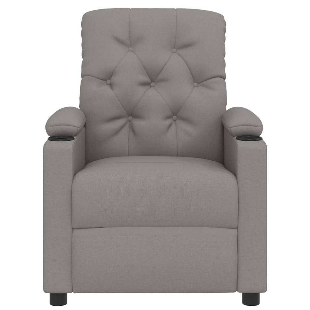 Fotel relaksacyjny w kolorze szarobrązowym (taupe), z regulowanym oparciem i podnóżkiem, ergonomiczny fotel wypoczynkowy do salonu, biura i kącika do czytania, stabilna metalowa i drewniana