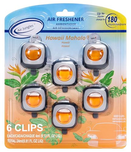 Air Jungles Hawaiian Scent Car Air Freshener Vent Clip, 6 Count Long Lasting Up to 180 days, Natural Essential Oil Car Fragrance for Women and Men, Odor Eliminator - 4ml Each