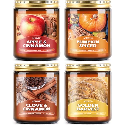 AOOVOO Fall Candles Set - 4 Pack Candles for Home Scented 28 oz Natural Soy Wax 200 Hour Long Lasting Autumn Gifts Set for Women Men Fall Fragrance of Pumpkin/Apple Cinnamon/Clove/Wheat Vanilla