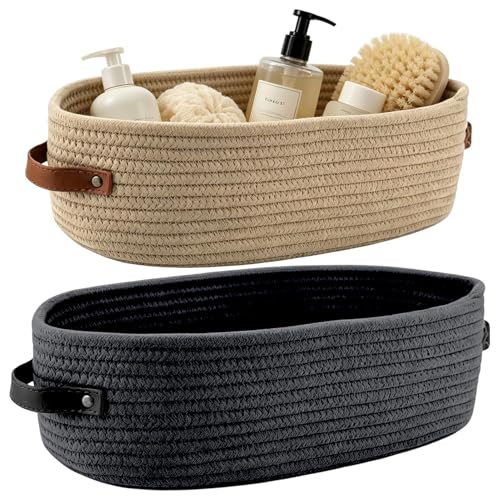 Cesta de almacenamiento de cuerda – Desacople los espacios de la casa, diseño neutro tejido con doble asa, juego de 2 piezas + mezcla de algodón reforzado, construcción duradera de fibra tejida