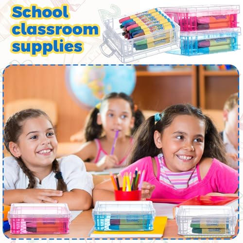 Image of Suzile 50 Pcs Plastic Crayon Box with Lid 4.8 x 3.4 x 1.6 In Crayon Storage Containers Bulk for Office School Classroom Supplies Pen Pencil Art Crafts(Clear,Red,Blue)