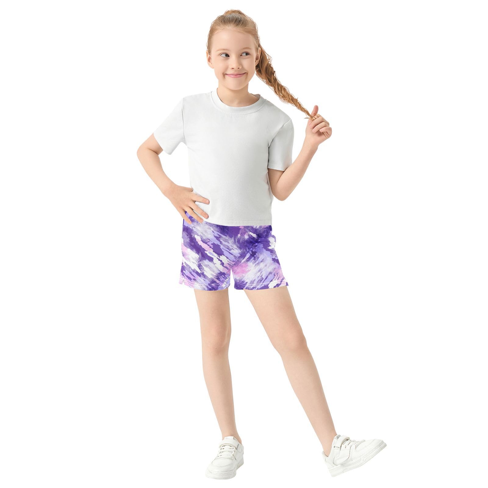 pnyoin Girl's Shorts Purple Watercolor Athletic Running Shorts with Pockets Size 7-8t