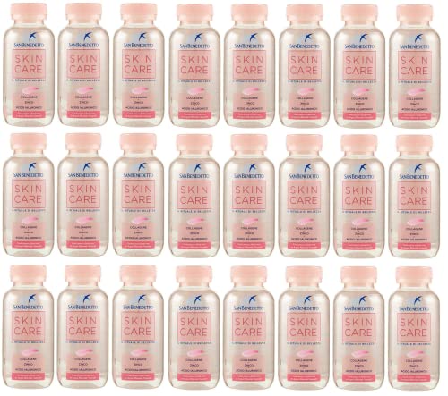 San Benedetto Skin Care - Agua mineral natural con colágeno, zinc y ácido hialurónico, con sabor a melocotón y fruta roja, 220 ml + lata italiana gourmet Polpa di Pomodoro de 400 g