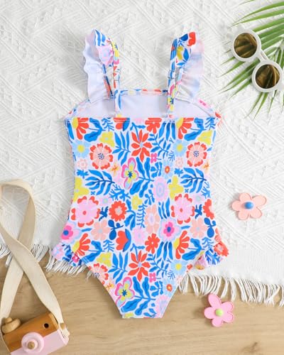Badeanzug Mädchen Kleinkind Verstellbare Träger Schwimmanzug Mädchen Einteiliger UV Badebekleidung, Blumen 98
