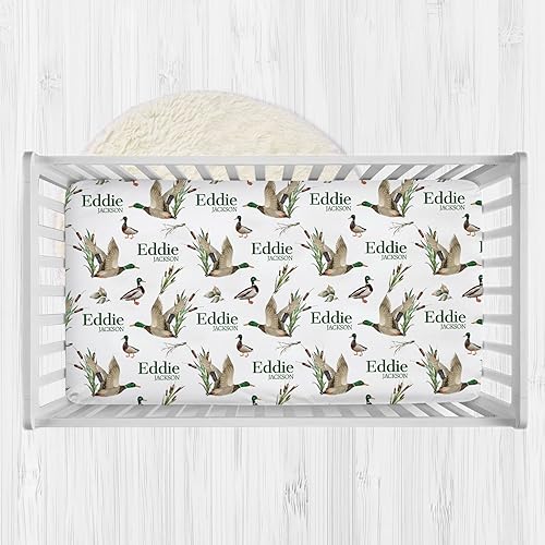 Munific Personalized Baby Crib Sheets for Boys Girls, Custom Fitted Crib Mattress Sheets with Name, Wild Ducks Baby Bedding Sheets Sets, Soft Baby Sheets for Standard Crib Toddler Mattresses Sheet