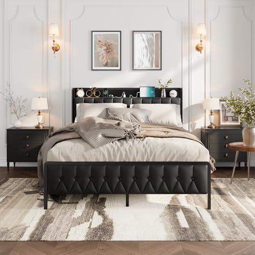 Garvee Bed Frame Full Size with PU Faux Leather, Platform Bed with Button Headboard and Charging Station, Noise-Free, No Box Spring Needed Black Full