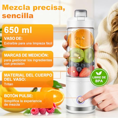 Miniatura 5 de Filink Batidora De Vaso Portátil, 650ml Mini Licuadoras Para Zumos Y Batidos, Vaso De Tritan, Batería Recargable De 4000mah, 6 Cuchillas, Batidora Portátil Para Smoothies Para Gimnasio, Oficina,Viajes