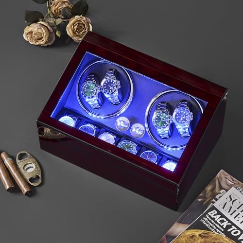 ANWBROAD Watch Winder for Automatic Watches 4+6 Watch Rotator and Storages with Super Quiet Motor LED Backlight Watch Turner Piano Paint Watch Turner 4 Rotating Modes UJWW002R