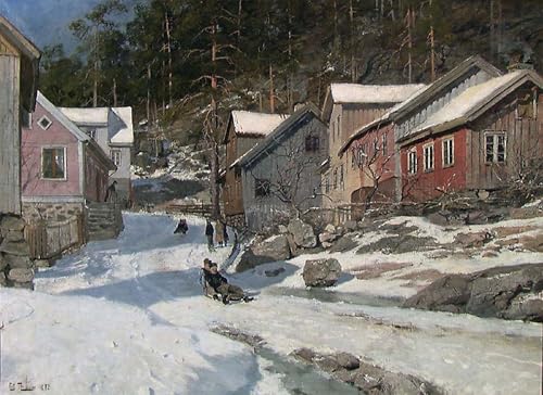 Cuadro en lienzo vintage de Frits Thaulow, mural decorativo de calle en Kragero de 60x90cm