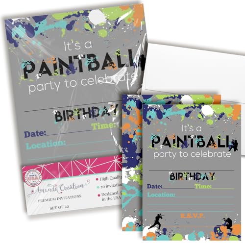 Paintball Themed Birthday Party Invitations, 20 5x7 Fill In Cards with Twenty White Envelopes by AmandaCreation