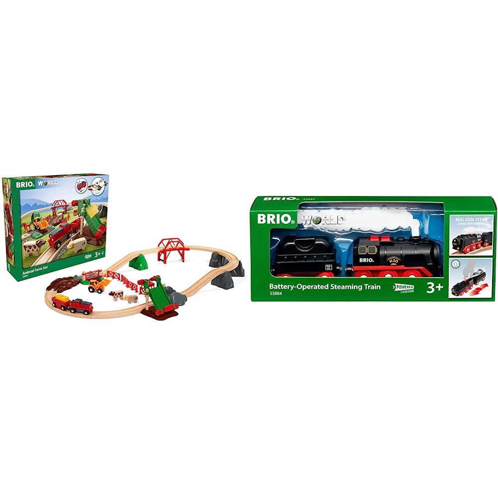 BRIO 33984 - Bauernhof Set - Holzeisenbahn mit Bauernhof, Tieren und Holzschienen & World 33884 Batterie-Dampflok mit Wassertank