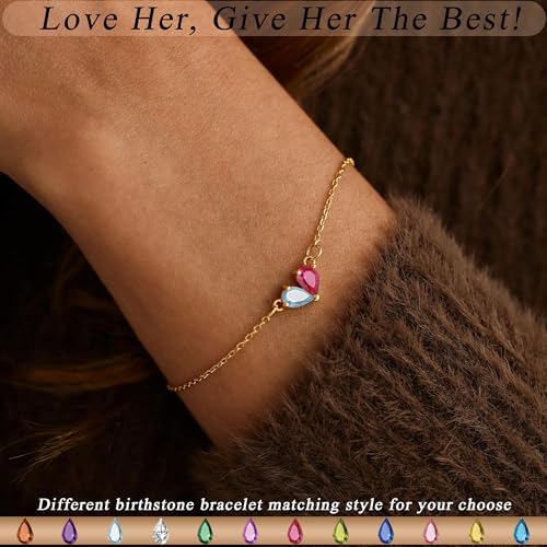 Birthstone Bracelets for Women, Dainty Gold Bracelet with Birthstone Birthday Gifts for Her Mothers Day Gifts Trendy Stuff 14k Plated Adjustable Link Bracelet Anniversary Christmas Jewelry