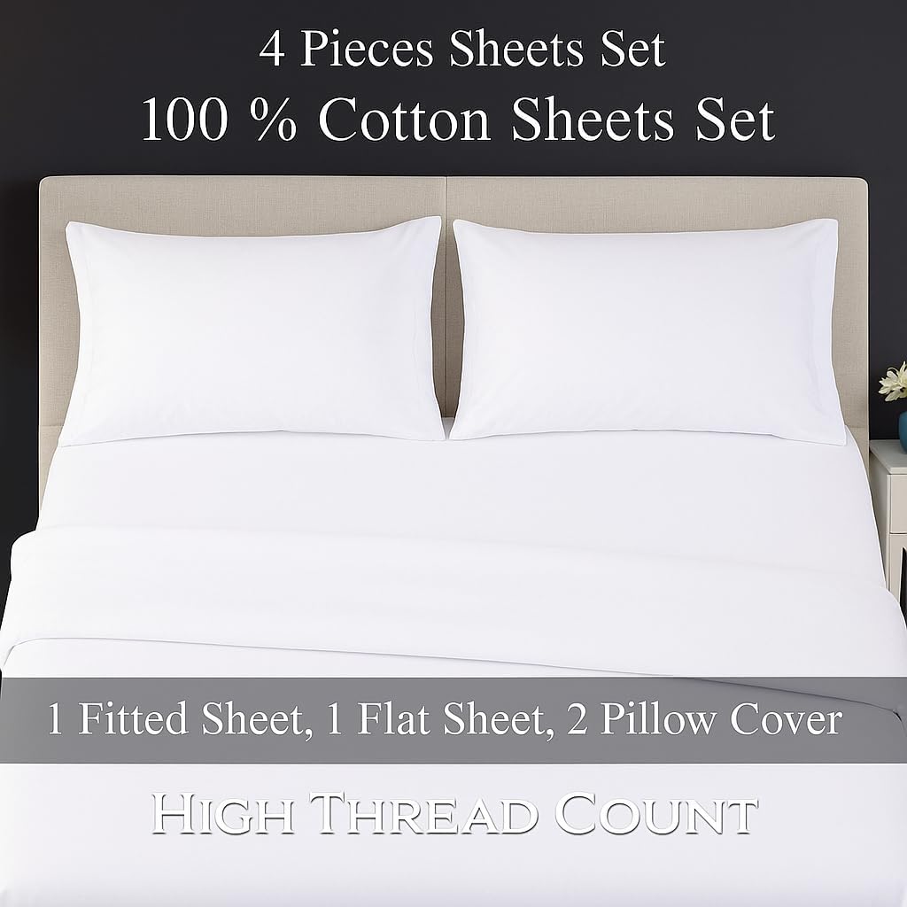 Queen Size Sheets Set - 4 Piece Set - Hotel Luxury Bed Sheets - Extra Soft - 10" Deep Pockets - Easy Fit - Breathable & Cooling - Comfy -White Solid - 100% Cotton Sheets - 4 PC