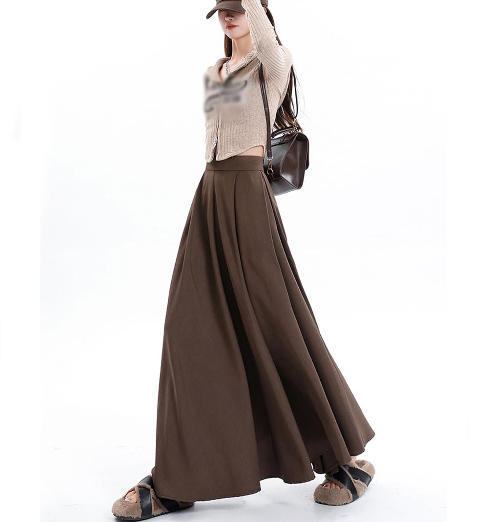 Damskie długie spódnice linia A plisowana spódnica elegancka vintage maxi spódnica z kieszeniami, Brązowy, M