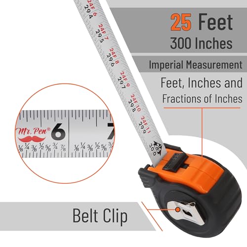 Image of Mr. Pen- Tape Measure, 25-Foot, Steel Measuring Tape, Retractable Measuring Tape, Tape Measure with Fractions, Easy Read Tape Measure, Tape Measure 25 ft, Steel Tape Measure, Orange /Black