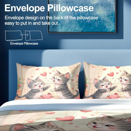 Housse de couette à imprimé chat mignon parure lit simple cœur rose 07 - 6