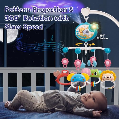 Mini Tudou Crib Mobile with Music and Lights,Baby Mobile for Crib with Hanging Rotating Rattle Toy,Star Projection,400 Lullabies and Timing Function,Remote Control Baby Crib Mobile for Boys Girls