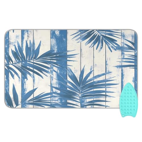 pnyoin Portable Ironing Mat Blue Striped Leaves Travel Ironing Pad with Silicone Iron Rest for Steam Pressing on Tabletop or Bed Heat Resistant Portable Quilting & Travel Blanket