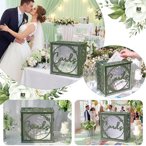 Image of OurWarm Green Wedding Card Box for Receptions, PVC Gift Card Box for Wedding with Acrylic Windows, Envelope Money Gift Box for Anniversary Bridal Baby Showers Graduation Birthday Party
