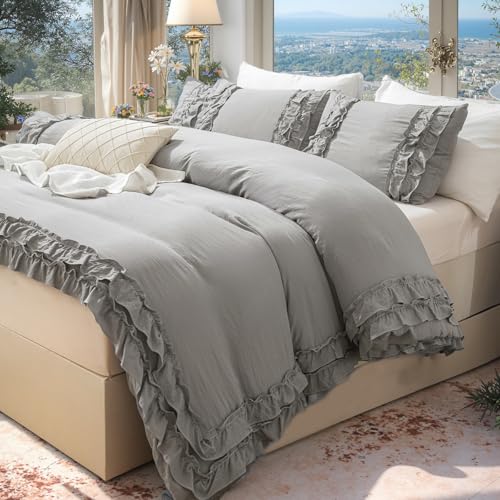 Bedorm Gray King Comforter Set Boho Ruffled Bedding Set Grey