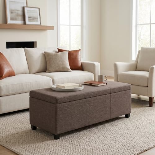 Image of SIMPLIHOME Avalon 48 inch Wide Linen Look Fabric Storage Ottoman in Fawn Brown