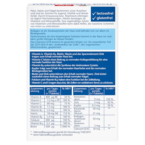 Doppelherz Haut + Haare + Nägel - 13 Nährstoffe - Mit Zink & Biotin als Beitrag zum Erhalt normaler Haut, Haare und Nägel - 30 Tabletten