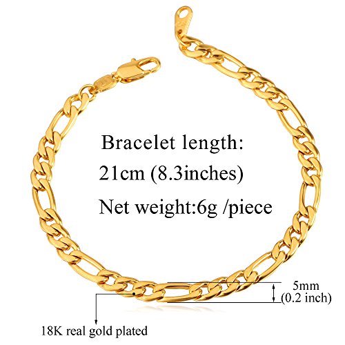 U7 Figaro Bracelet Gold Plated Stainless Steel 5Mm Wide Wrist Chain Fashion Daily Bracelet For Men Women, 8.3" #TOP3