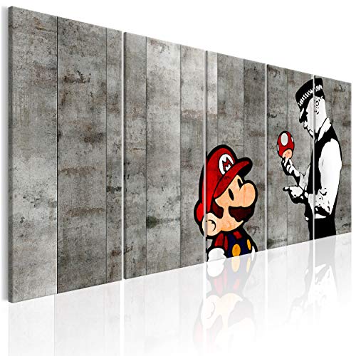 decomonkey Cuadro Lienzo Banksy Mario 200x80 cm 5 piezas Impresión Decoración Cuadro De Pared Material Tejido no Tejido Gráfica Foto Salon Street Art Hongos Oficial de Policía Mandato Concreto Pared Cover