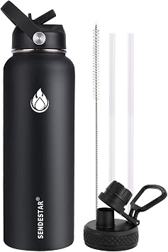 SENDESTAR Stainless Steel Water Bottle, Insulated Water Bottle 40 oz with New Straw Lid or Spout Lid Keeps Liquids Hot or Cold with Double Wall Vacuum Insulated Bottle Black