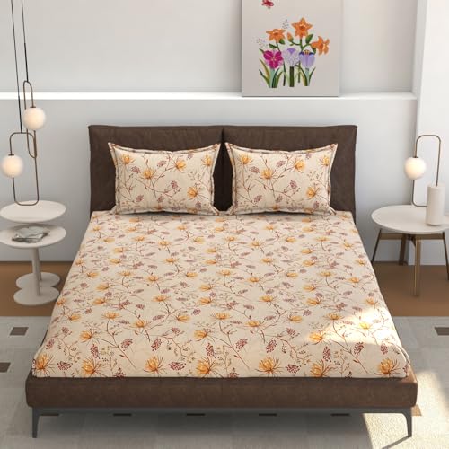 Image of Castiqa Polycotton Fabric 400TC King Size Bedsheet Set with 2 Pillow Covers 108x108 inch Bedsheet 18x28 inch Pillow Covers Cream