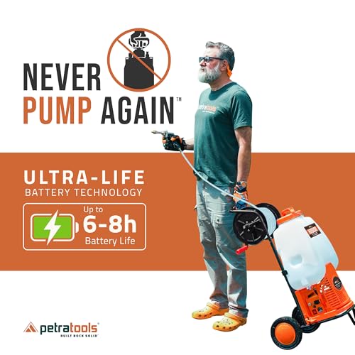 PetraTools Battery Backpack Sprayer with Custom Fitted Cart and 100 Foot Commercial Hose, 2 Hoses Included, Commercial Quality Heavy Duty Sprayer (HD5000 6.5-Gallon with Reel Cart)