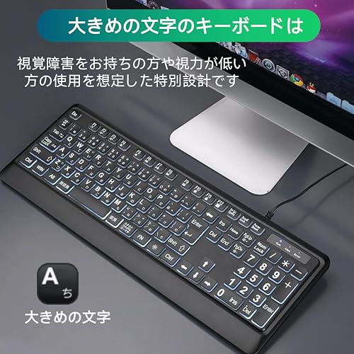 大きめの文字のバックライト付きキーボード、静かなUSB有線コンピューターキーボード、光るホワイトLED付きフルサイズキーボード Windowsデスクトップ、ノートパソコン、PC、ゲームに対応、ブラック (ブラック, 特大)