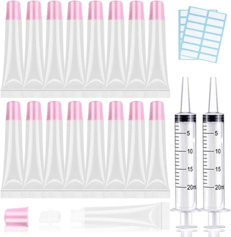 AMORIX 50PCS Lip Gloss Tubes 20ml Pink Cap Lip Gloss Containers Empty Lip Balm Tubes Refillable Cosmetic Squeeze Lipgloss Tubes + 2 x 20ml Syringes Tag Labels for DIY Lip Gloss Glitter