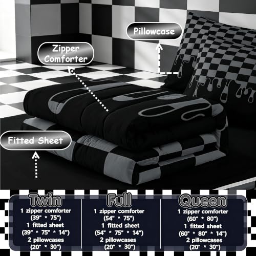 Image of Black Grey Checkered Zipper Bedding Set Full,Checkerboard Drip Bed-in-a-Bag Set Zip-Up Comforter with Fitted Sheet & Pillowcases,Cool Aesthetic Funky Modern Geometric for Kids & Teens Pet Friendly