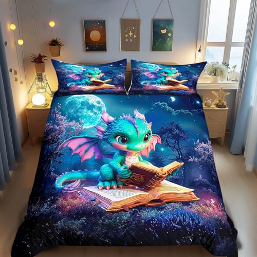 Cartoon Dragon Duvet Cover Set Twin Size Magic Jungle Night Bedding Set 2pcs for Kids Teens Room Decor Cute Dragon Books Comforter Cover Starry Moon Sky Quilt Cover,1 Pillowcase(No Comforter)