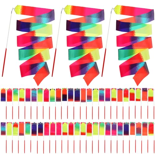 Yilloog 50 Pcs Ribbon Dancing Wands Party Favors, 78.7 Inch Artistic Gymnastics Ribbon Streamers Twirling Wands, Rainbow Birthday Decorations (Vivid,Rainbow)