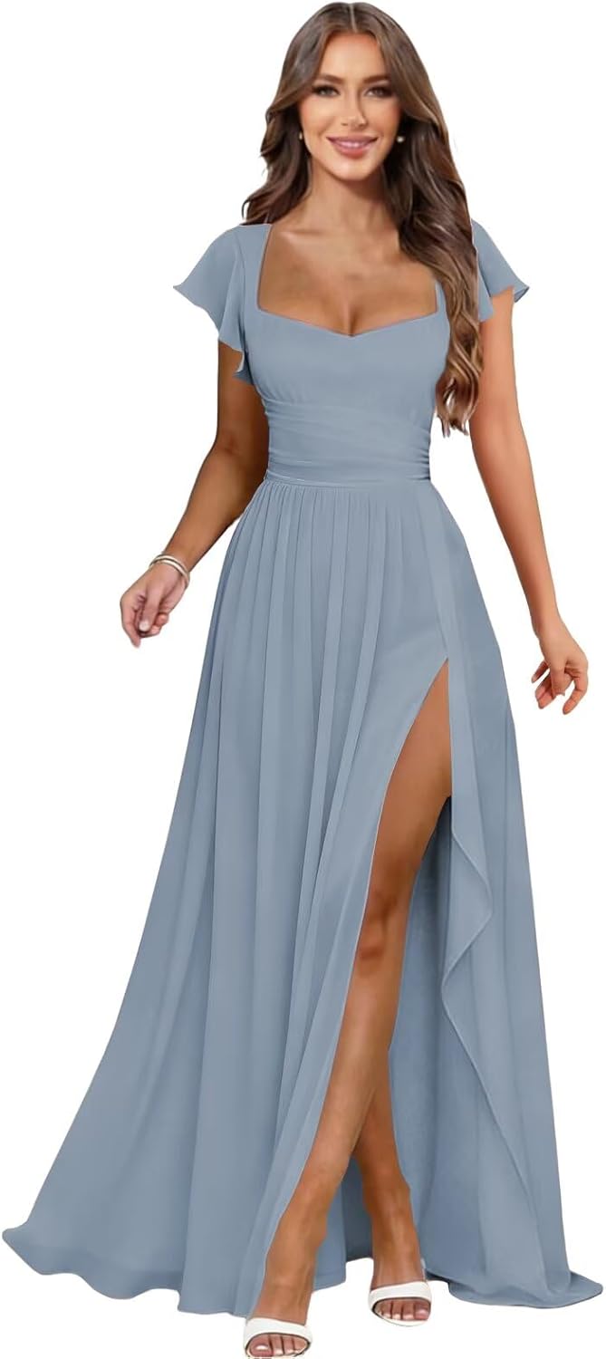 Chiffon Bridesmaid Dress Ruffle Sleeve Corset Tie-Back Long Formal Gown for Women