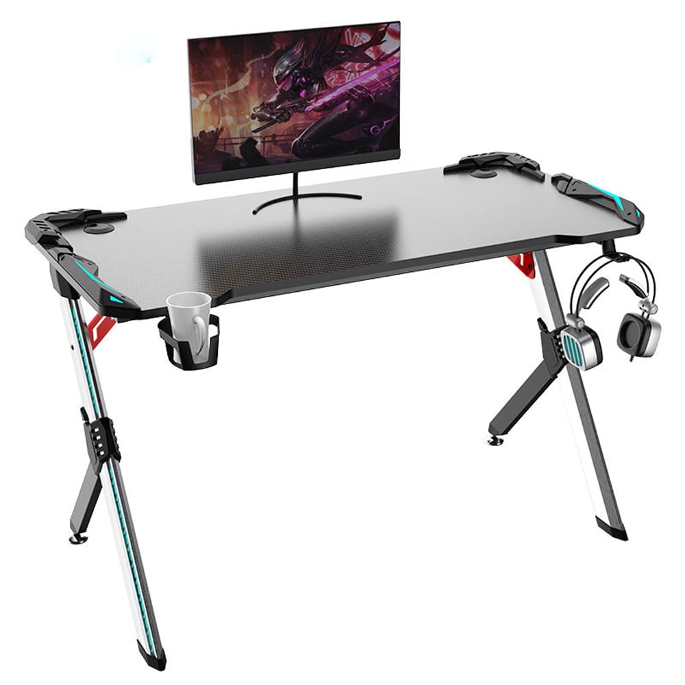 Bureau Gamer LED RGB, 113 x 60 x 75 cm, Support Casque et Gobelet, Noir/Rouge