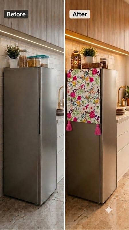 Image of WWW.THROWPILLOW.IN Fridge Top Cover for Single Door 100-250L | Fits Haier Samsung LG Godrej | 450 GSM Dustproof Fridge Cover Mat With Corner Tassels| Floral Print | Single Door Refrigerator Cover