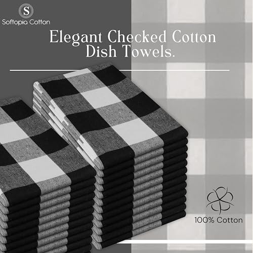 Image of Black Buffalo Plaid Kitchen Dish Towels, 4 Pack, 100% Cotton, 16x26 Inches, Super Absorbent, Quick Dry, Soft, Durable, Dish Drying & Cleaning Towels with Hanging Loop, Black & White