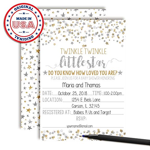 Gold & Silver Twinkle Little Star Baby Shower Invitations For Girls Or Boys, 20 5"X7" Fill In Cards With Twenty White Envelopes By Amandacreation #TOP2