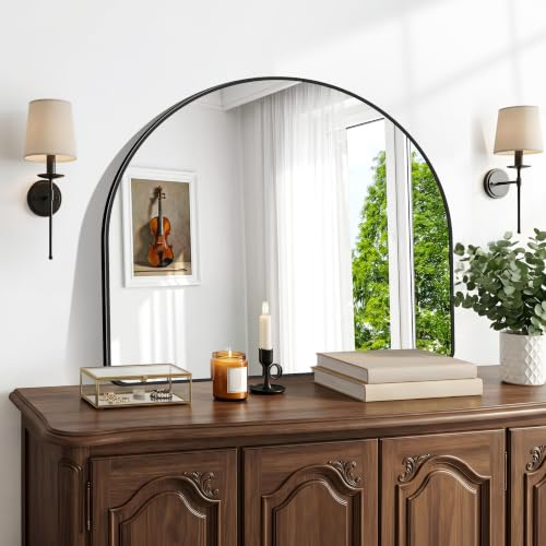 Image of BONEWEI Arched Wall Mirror,36 inchx30 inch inch Black Arched Mirror Bathroom,Vanity Mirror for Over Sink Metal Frame,Tempered Glass Arch Mirrors for Bedroom,Entryway,Living Room,Home Decor Shatter-Proof