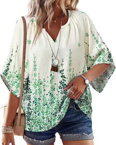 Bebonnie Plus Size Tops for Women Dressy: Womens Bell Sleeve Casual Summer Spring Peasant Boho Chiffon Blouses Linen Dress Shirts Beach Vacation Cruise Vegas Clothes Tunic Tops White Green 3XL