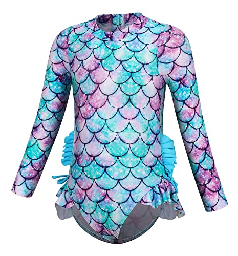 Amzbarley Girls Swimwear Mermaid Rash Guard Shirt One Piece Swimsuit Kids Fish Scale Printed Long Sleeve Bathing Suit Upf 50+ Sunsuit Blue Size 3T(2-3Years) #TOP16